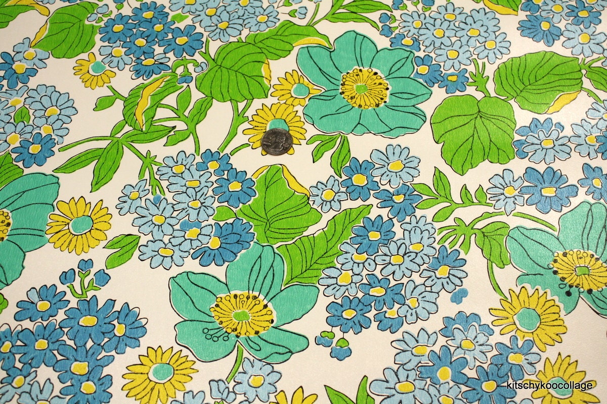 1970's Vintage Wallpaper Retro Aqua Blue and Yellow Floral