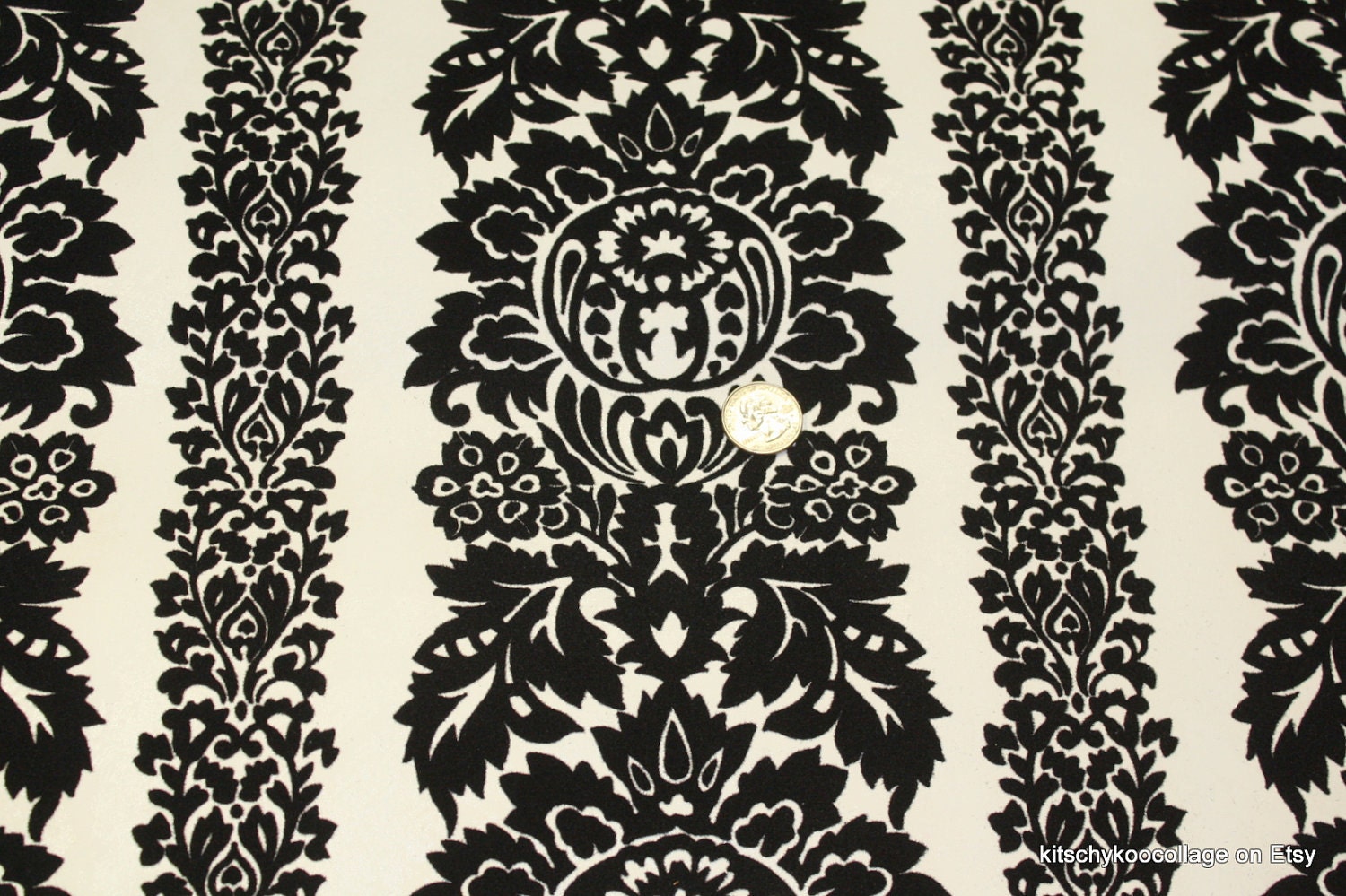 1970's Black Flocked Vintage Wallpaper Damask Stripe
