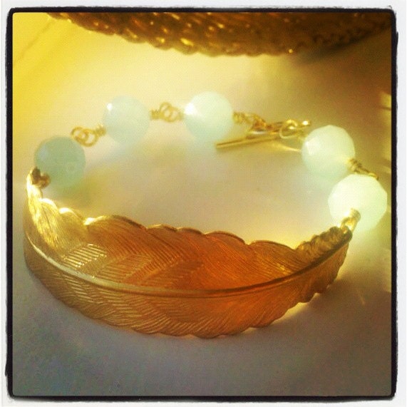 Gold feather on a blue day- Cuff style Bracelet
