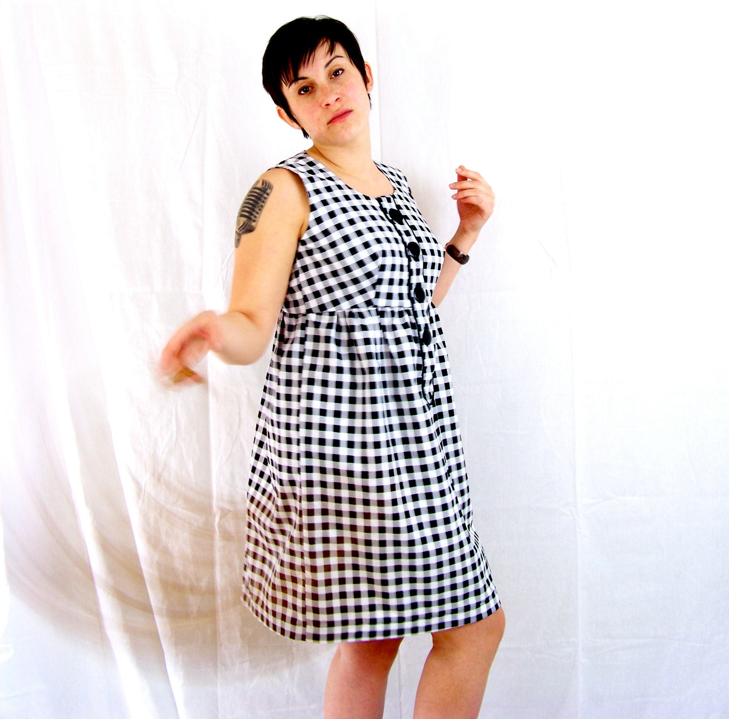 Black and white gingham dress with empire waist for women