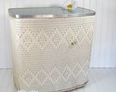 Off White Wicker and Wood Hamper with Aqua Sea Foam Green Laminate Lid - Vintage Victor LaundryNet - Ultra Shabby Chic Clothes Bin