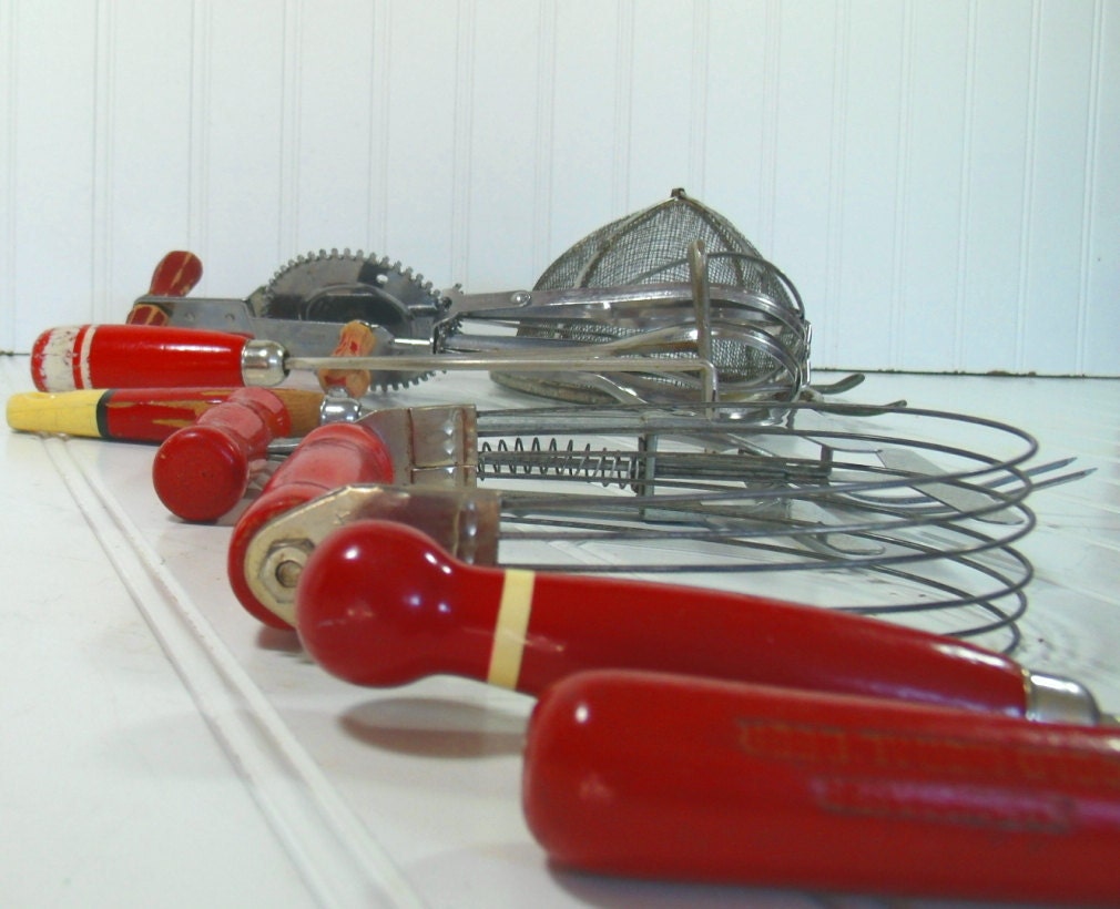 Reserved for Sheila Heath - Red Wooden Handled Utensils Collection - Vintage 10 Piece Set - Shabby Chic Stainless Steel