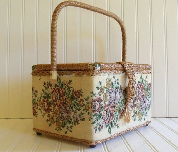 Large Sewing Basket Vintage Box with Woven Trim by DivineOrders