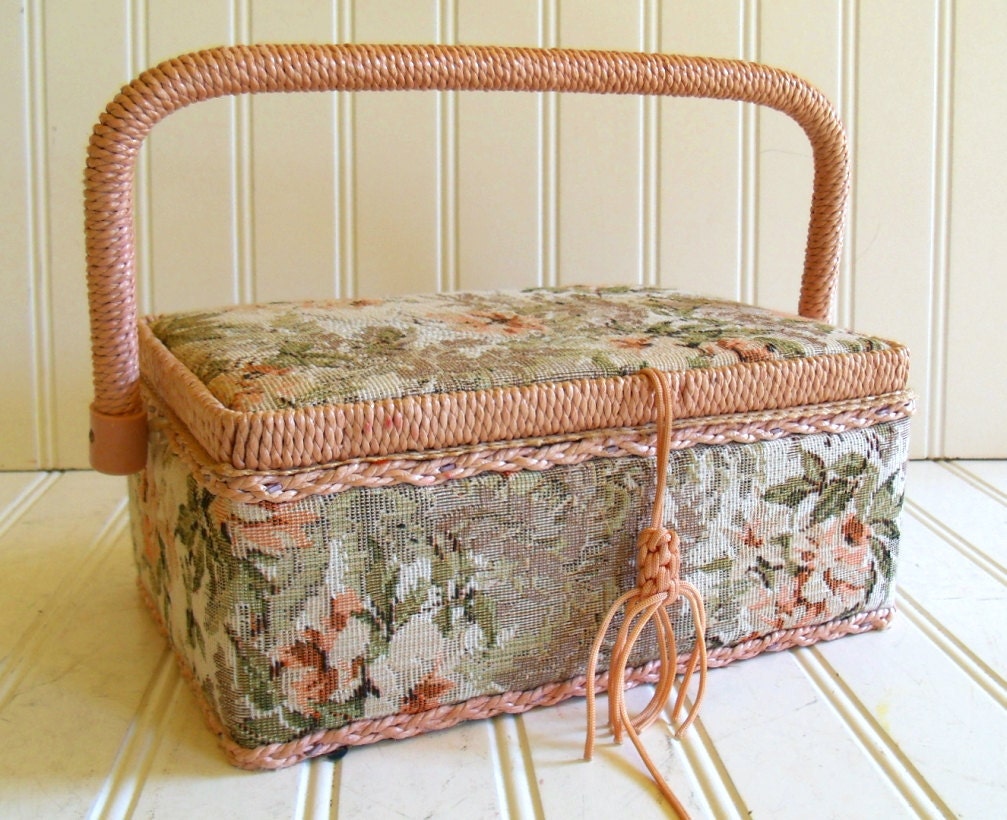 Medium Sewing Basket - Vintage Box with Woven Trim - Cushioned Tapestry Fabric Exterior