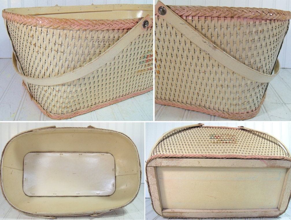 Ivory Wicker and Wood Baby Basket - Vintage Original Chippy Paint - Ready for Repurposing