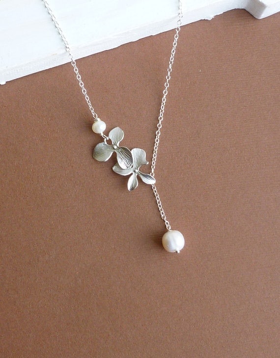 Two Silver Orchids and Ivory Freshwater Pearl with Sterling Silver Chain -- Silver Necklace