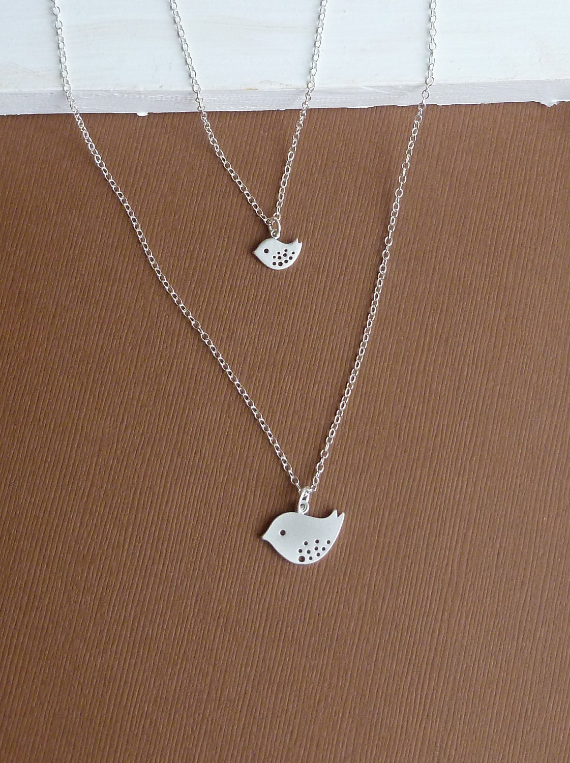 Two Silver Speckled Birds with Sterling Silver Chain -- Mother Daughter Necklace Set or Double Necklace