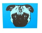 Blue Litho-Pug Notecard  -- Great gift for a Pet-Lover -- Card and Envelope -- Ready to Gift or Use--Blank Inside