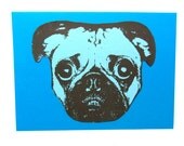 Blue Litho-Pug Notecard  -- Great gift for a Pet-Lover -- Card and Envelope -- Ready to Gift or Use--Blank Inside