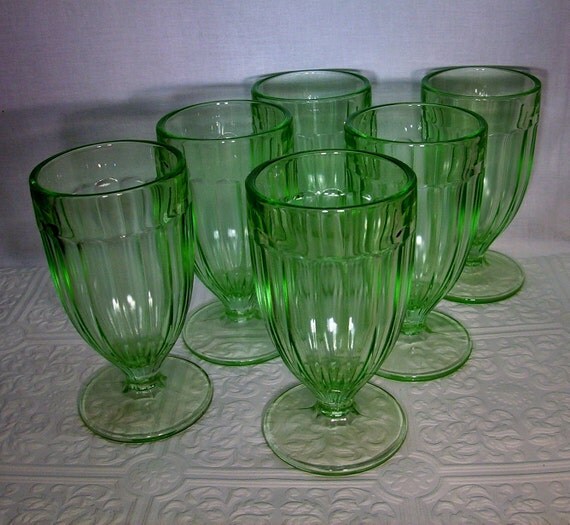 Vintage Green Depression Glass Footed Tumblers Set by ozarksfinds