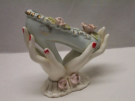 Vintage Hands Vase Holding Powder Blue High Heel Shoe Circa 1950's