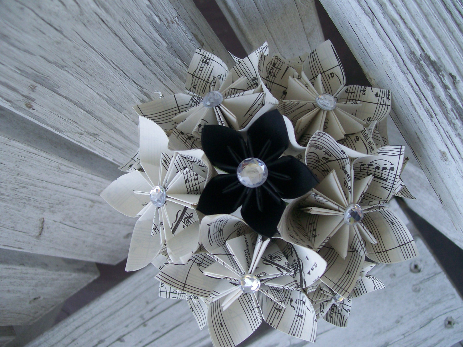 Sheet Music Paper Flower Bouquet - Origami Kusudama - Black and White