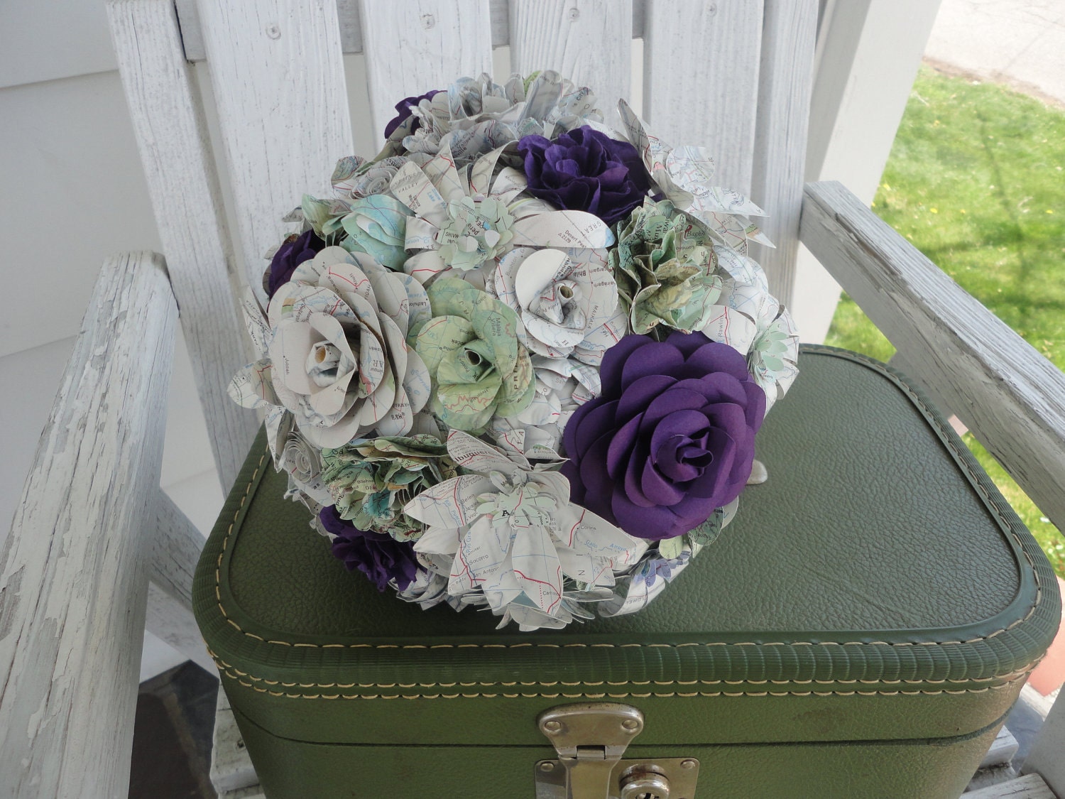 Eco Friendly Paper Flower Bouquet - Maps Purple Rose Peony Daisy Rosette