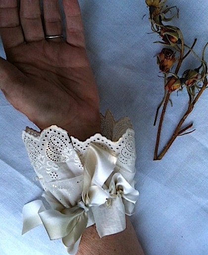 Vintage lace eyelet wrist cuff cufflet bride mother of bride bridesmaid silk ribbon ecru ivory organza cuff original wedding