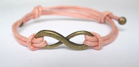 Peach Color Wax Cotton Cord With Antique Gold Infinity Bracelet