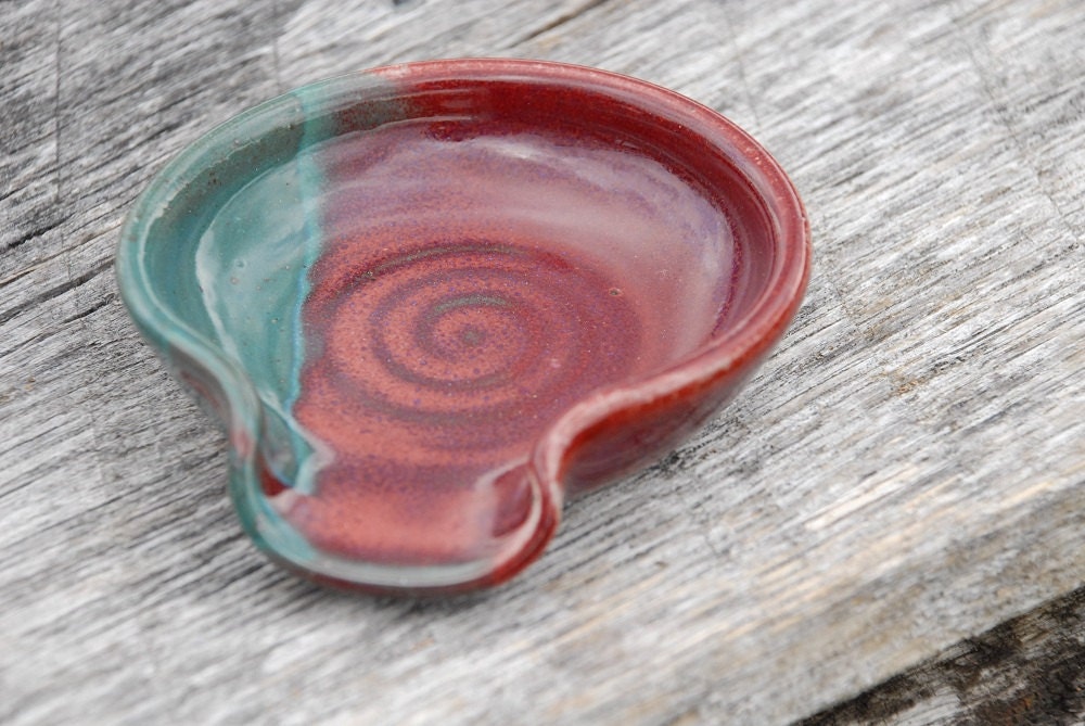 Pottery Spoon Rest, medium, wheel thrown handmade ceramic stoneware, "Peacock" red and turquoise glaze, microwave and dishwasher safe