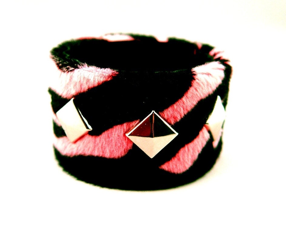 SALE Pink and Black Zebra Fuzzy Leather Cuff Bracelet with Silver Pyramid Studs Alternative Punk Goth Pin Up Fashion Wear