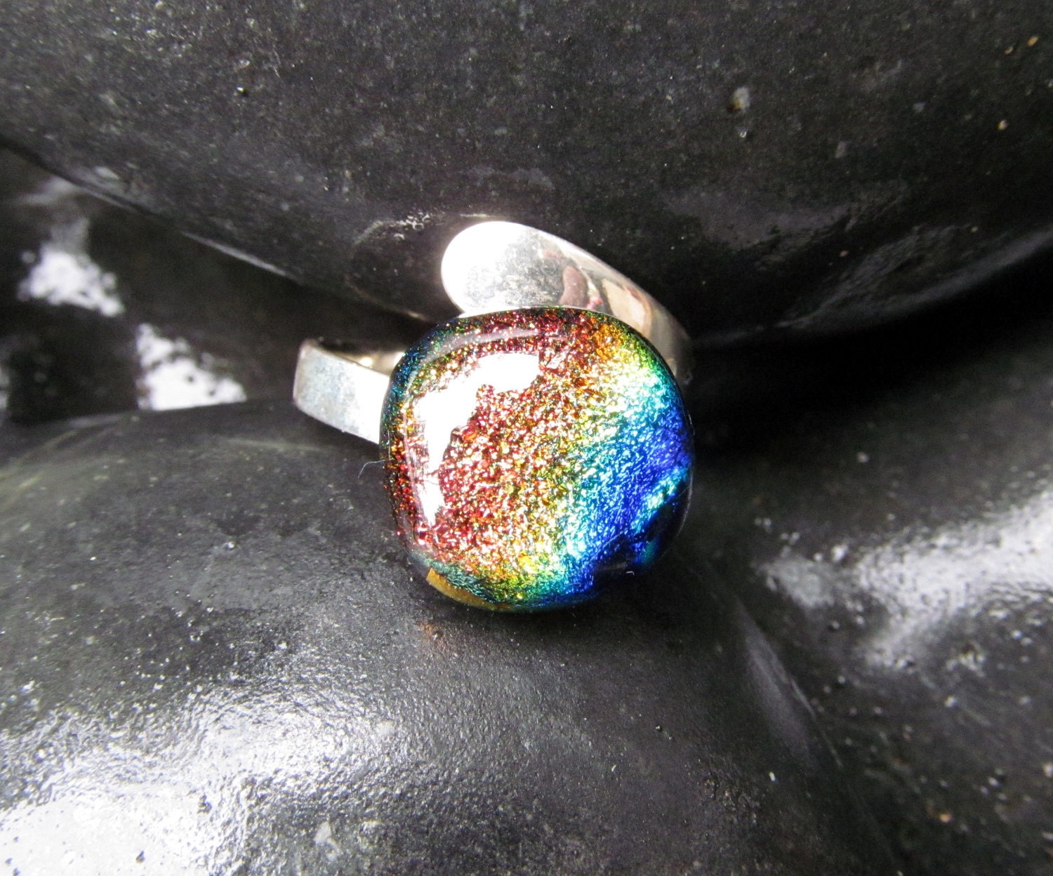 Rainbows End fused dichroic glass ring