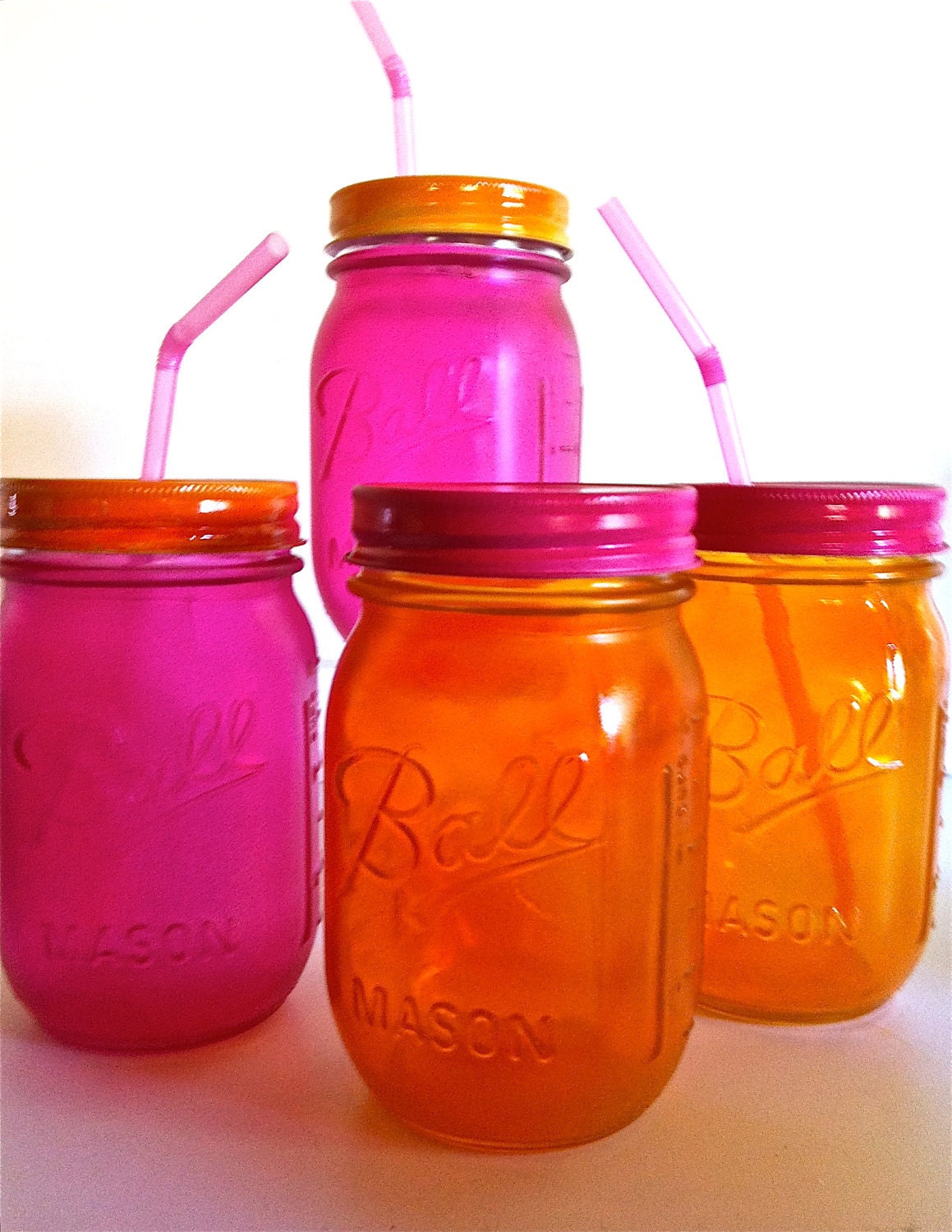 Four Food and Dishwasher Safe Hand Painted Mason Jar Glasses With Painted Lids