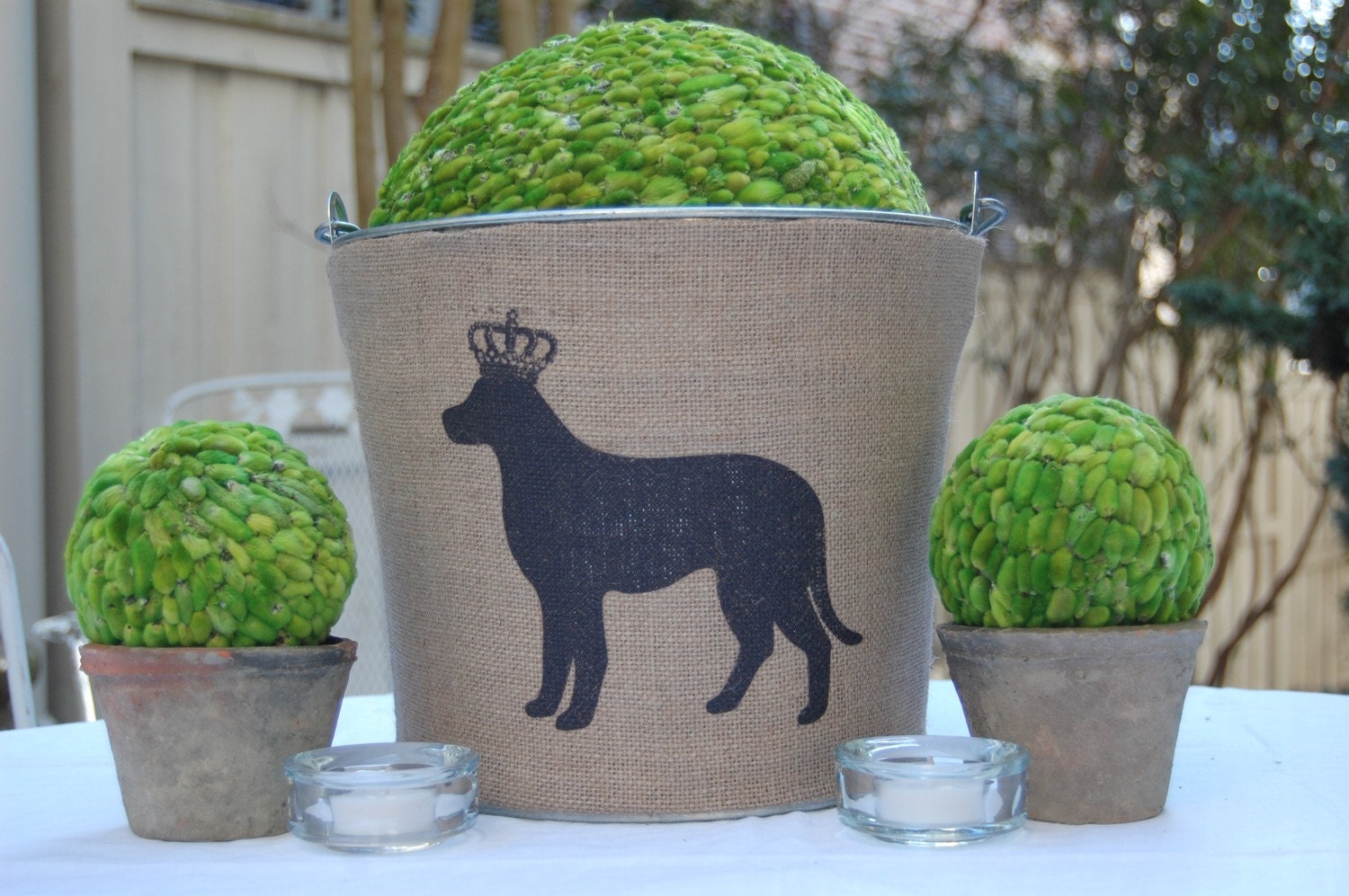 Custom Burlap Covered Galvanized Bucket Pail with Black Lab......OR monogram for wedding OR home....Unique hostess or birthday gift.