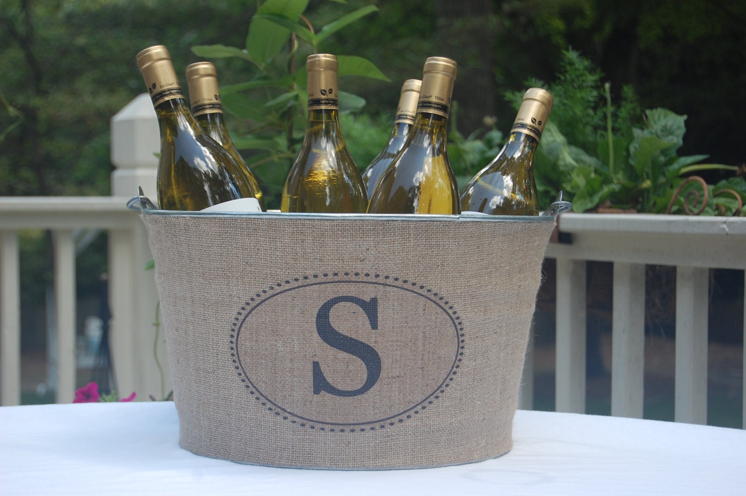 Monogram Burlap Metal Wine Tub perfect for personalized wedding gift or burlap wedding decor. Rustic elegant charm, great wine beverage tub