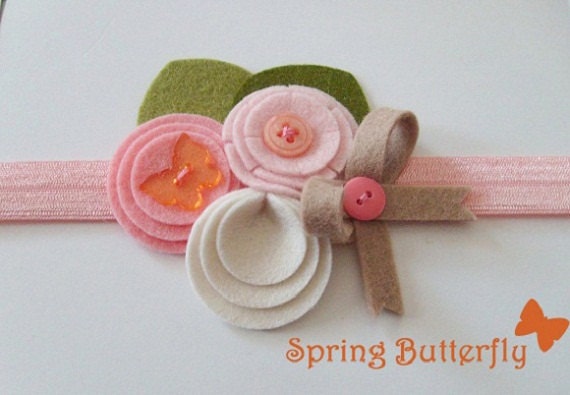 SPRING BUTTERFLY. Felt Flowers Headband. For Newborn. Baby Shower Gift. Girls Wool Headband. Soft Colors.