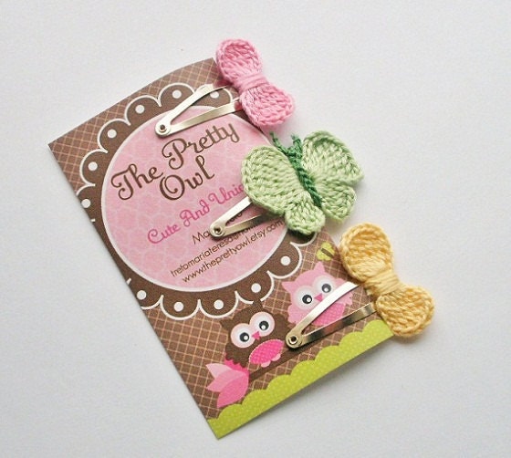 EASTER BUTTERFLY. 3 Hair Clips. Made With Cotton. Easter. Baby. Girls. Crochet Baby Bows and Mint Butterfly