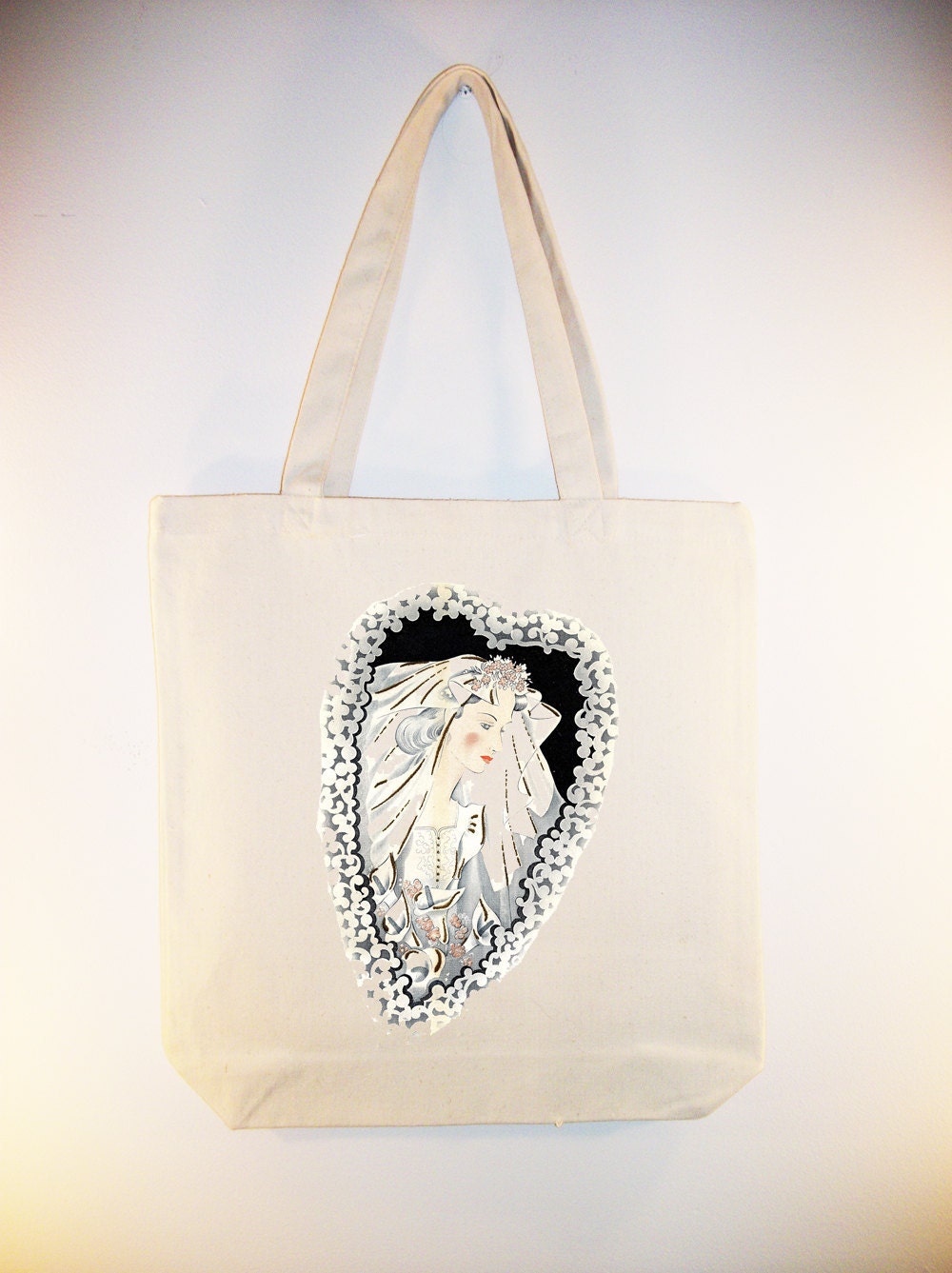 Beautiful Vintage Bride Illustration transferred onto 15x15 CanvasTote with Shoulder strap - other sizes available