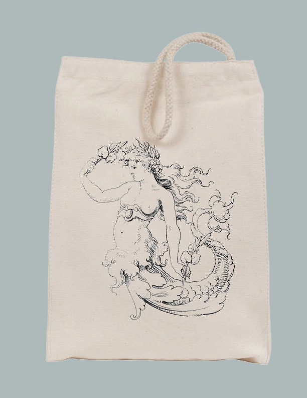 Vintage Mermaid Clutch Lunch Bag Mini Tote with Velcro closure and Rope Handle