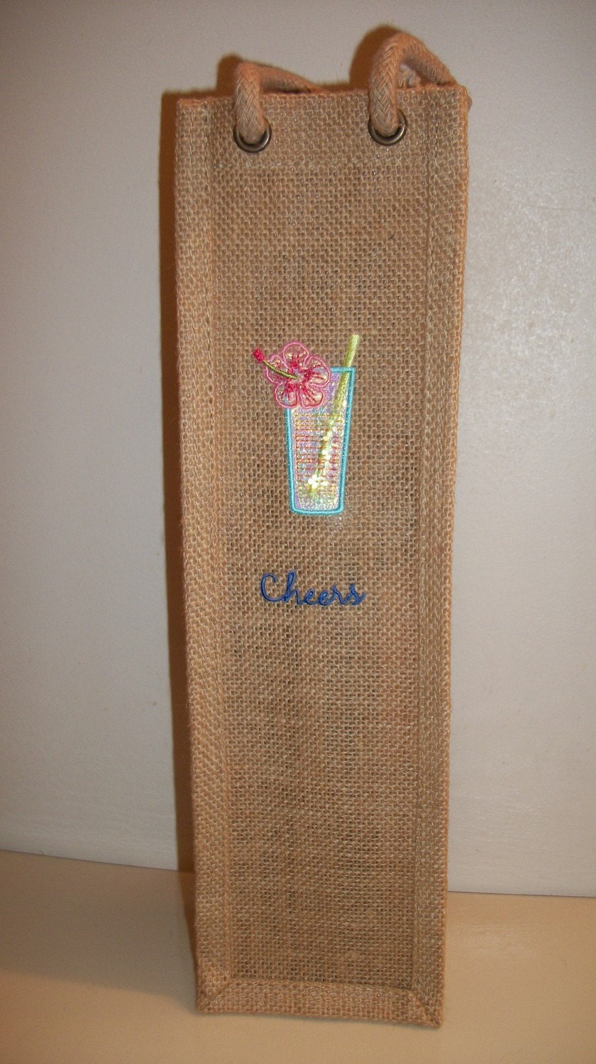 Jute Euro-Handle Wine/Liquor Bag, Shimmering Cocktail with "Cheers"