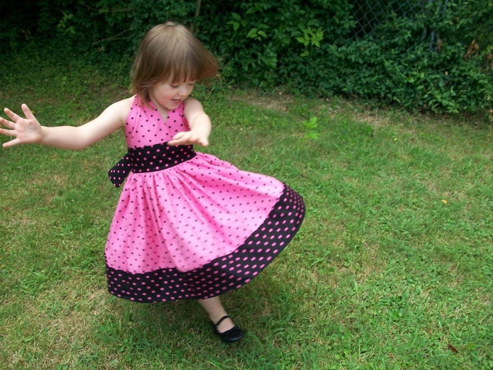 Pink and Black Polka Dots Girls Twirly Party Dress 12 mos 2t 3t 4t 5t and Size 6