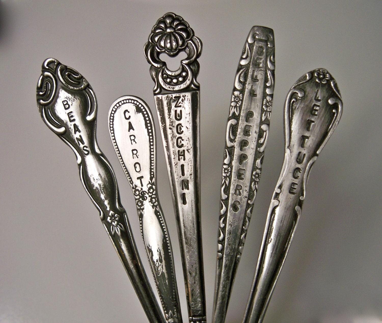 Vintage Charm - Silverware garden marker - SET of 5 - fork knife spoon - CUSTOMIZE an ORDER - Hand Stamped