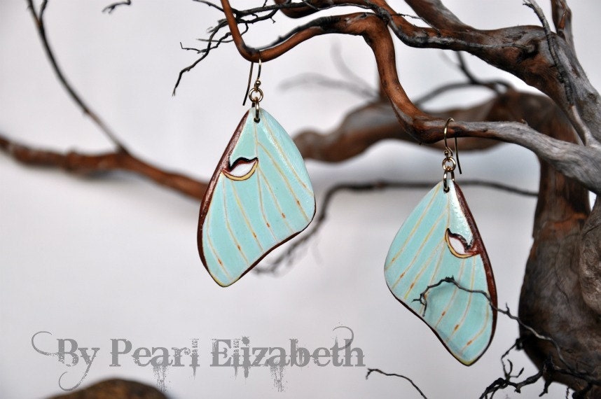Luna Moth Wings Earrings - Carved Walnut Hardwood & Hand Painted - 14 Karat Gold Filled Findings