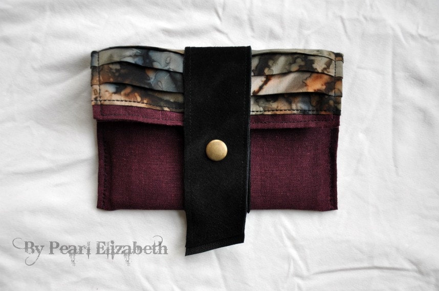 Traveller's Wallet - Wine Linen - Blue Grey Brown Washed Batik - Black Suede - OOAK