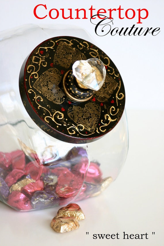 Hand Painted Black & Gold with a touch of Red  Candy Jar... 1 of a kind Valentine's Day Gift