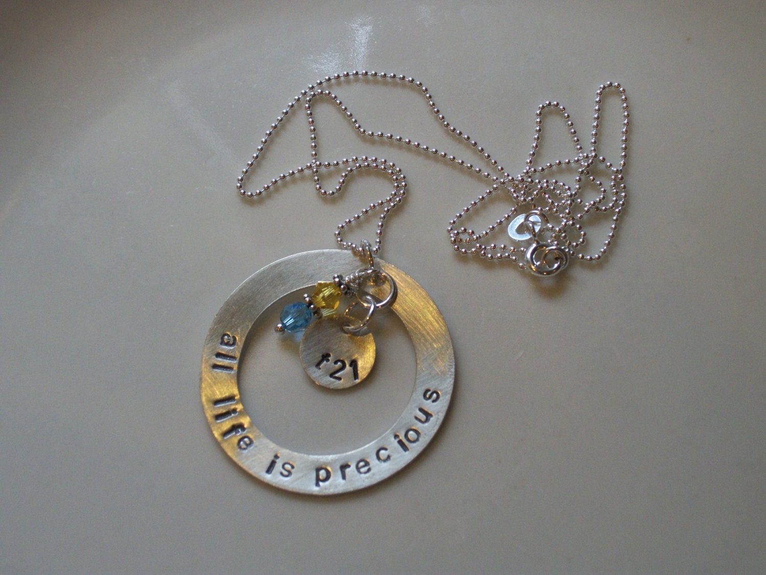 All Life Is Precious - International Down Syndrome Coalition for Life Handstamped Necklace