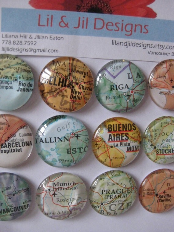 Glass Fridge (set of 12) 1" world maps, corporate gift, bridal