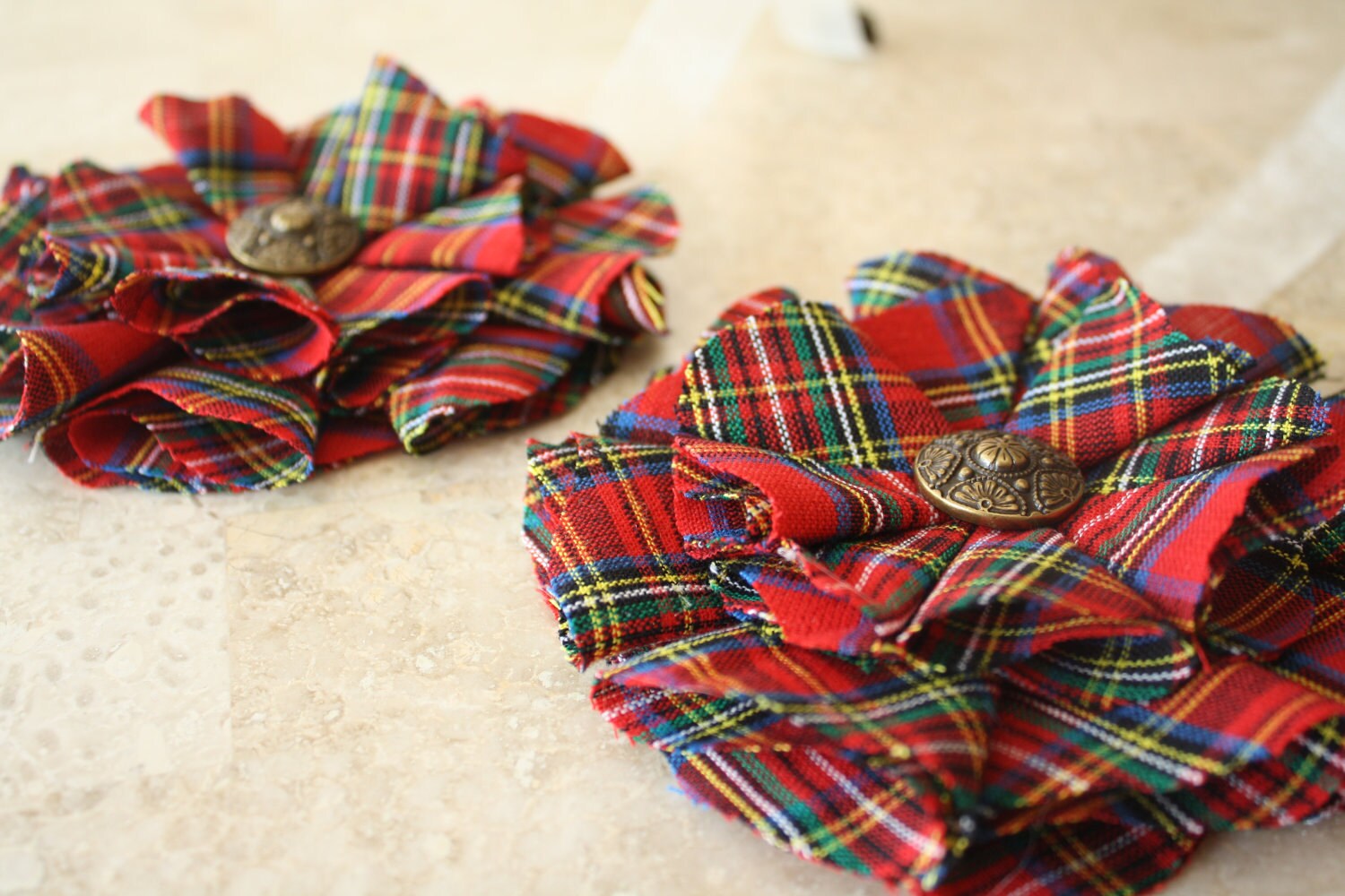 Plaid Tartan Tie Backs Fabric Flowers by