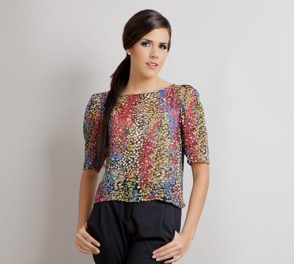 READY TO SHIP Amy Joy Holiday Print Silk Chiffon Puff Sleeve Blouse shirt top M custom