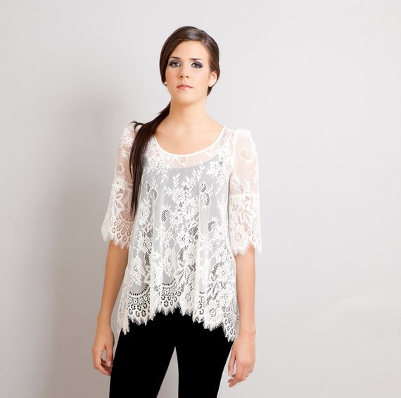 Ready to ship - Black Swan french lace scalloped tunic ivory XS
