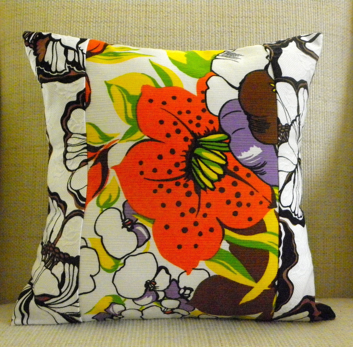 16 x 16 Pillow Cover - Vintage Mod Floral Patchwork - White, Black, Brown, Orange, Yellow & Green