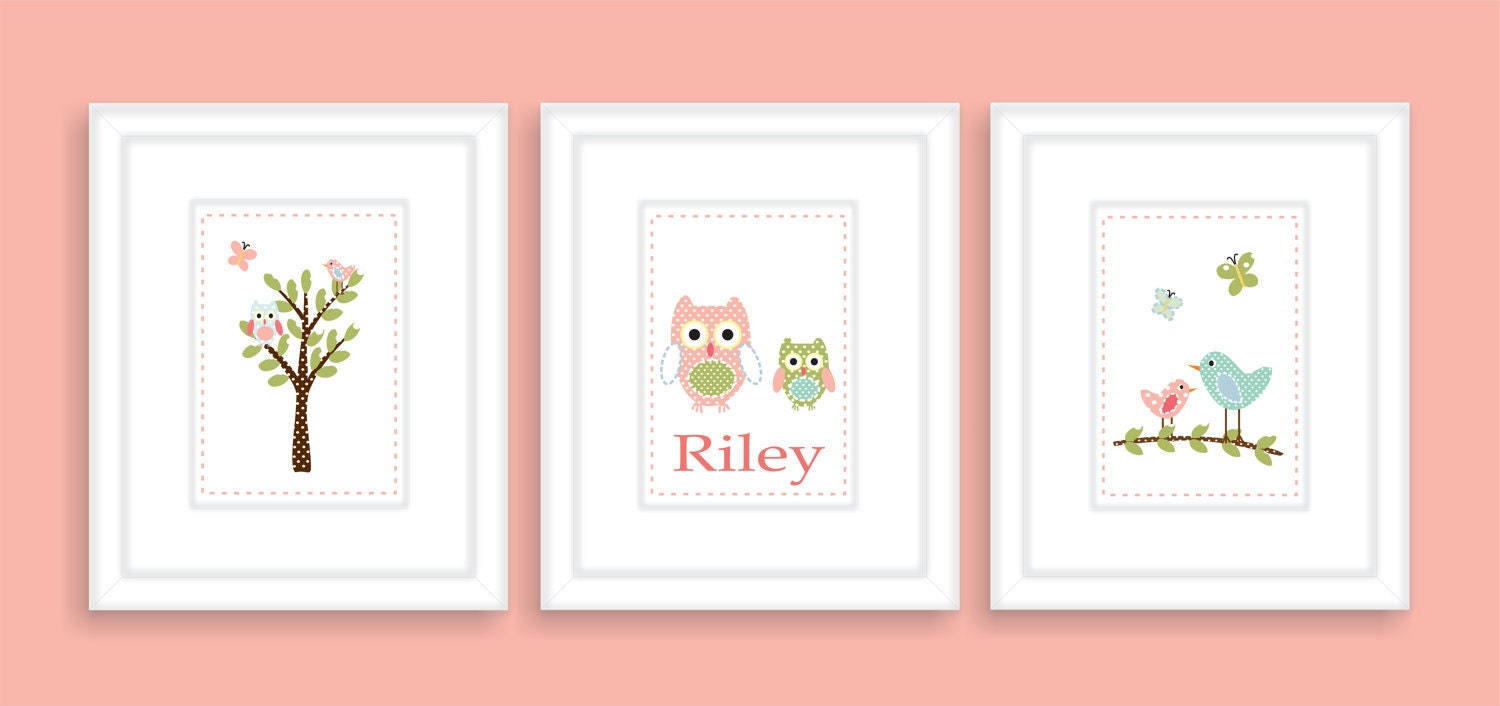 Childrens Art Prints, Nursery Wall Art, Children decor, Wall art for kids, Baby nursery art, Haley Owls, Birds  - Three 8x10 Personalized