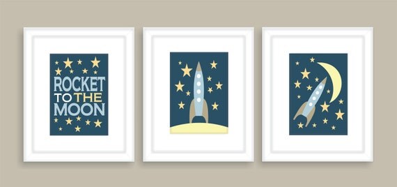 Rocket to the Moon Childrens Art Print, Nursery Wall Art, Playroom wall art -Set of three 11x14