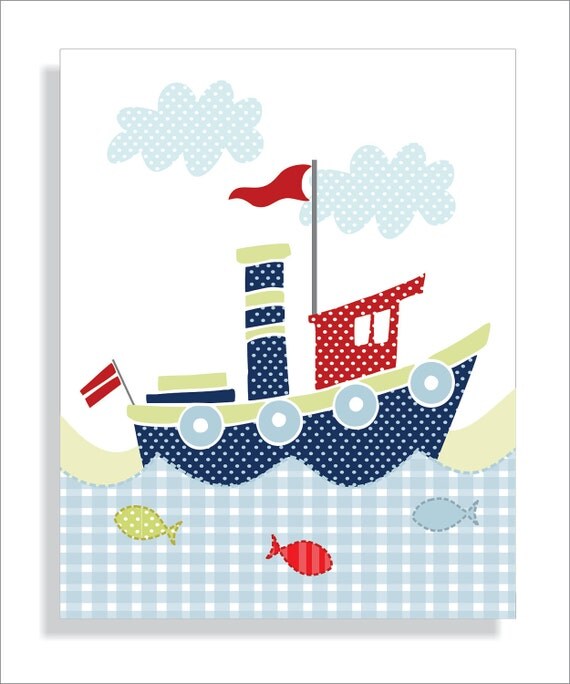 Nursery wall art, Childrens Art Prints, Baby Nursery art, Wall art for kids - Whale, Lighthouse and Tugboat, -Set of three 8x10
