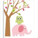 Childrens Art Prints, Nursery Wall Art, Baby room decor , - Elephants, Birds, Owls and Tree- Pink and Green- Set of three 11x14 Personalized