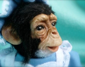 Custom made Baby Chimp, Chimpanzee, with clothing, OOAK, Polymer clay, Sculpture, Art Doll,