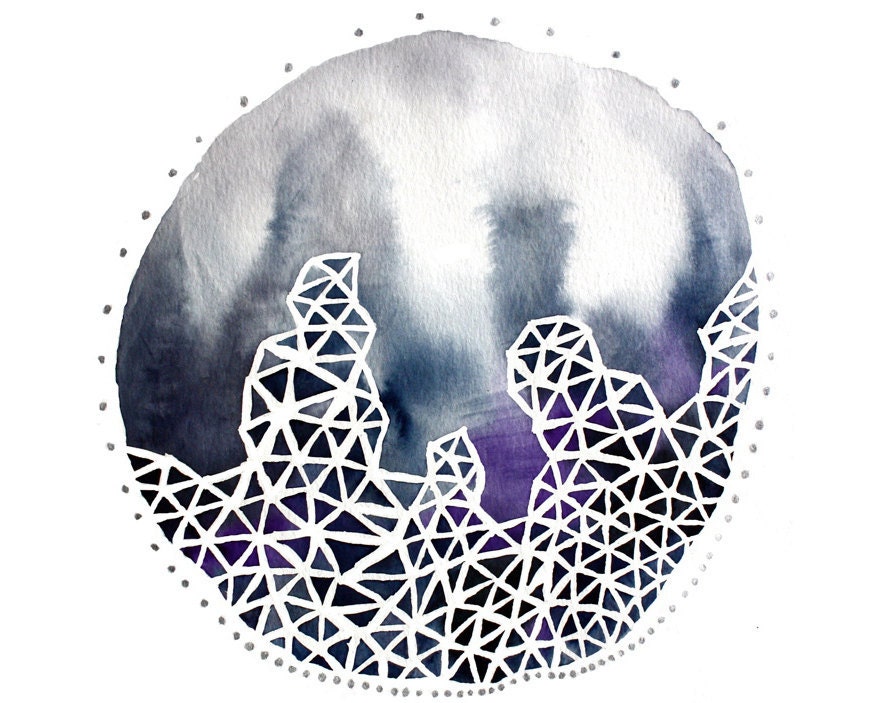 THE WINTER CIRCLE abstract watercolor art print in navy, purple, gray