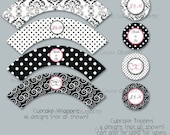 Black and White Bridal Shower Cupcake Toppers and Wrappers w/ Custom Text and Accent Color, Damask and Dots -- Digital Printable