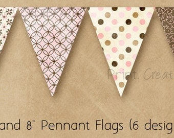 Pennant Banner, Party Decor, Pink and Brown  -- Digital Printable