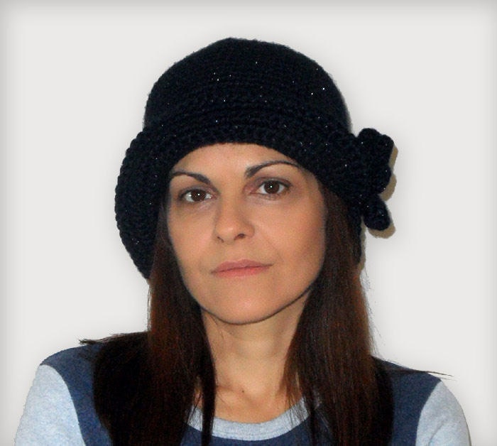 Crochet Hat, 20s Cloche Hat Midnight Blue Wool Acrylic Cap with Flower Brim Cap for Women - KH0002 - Aimarro